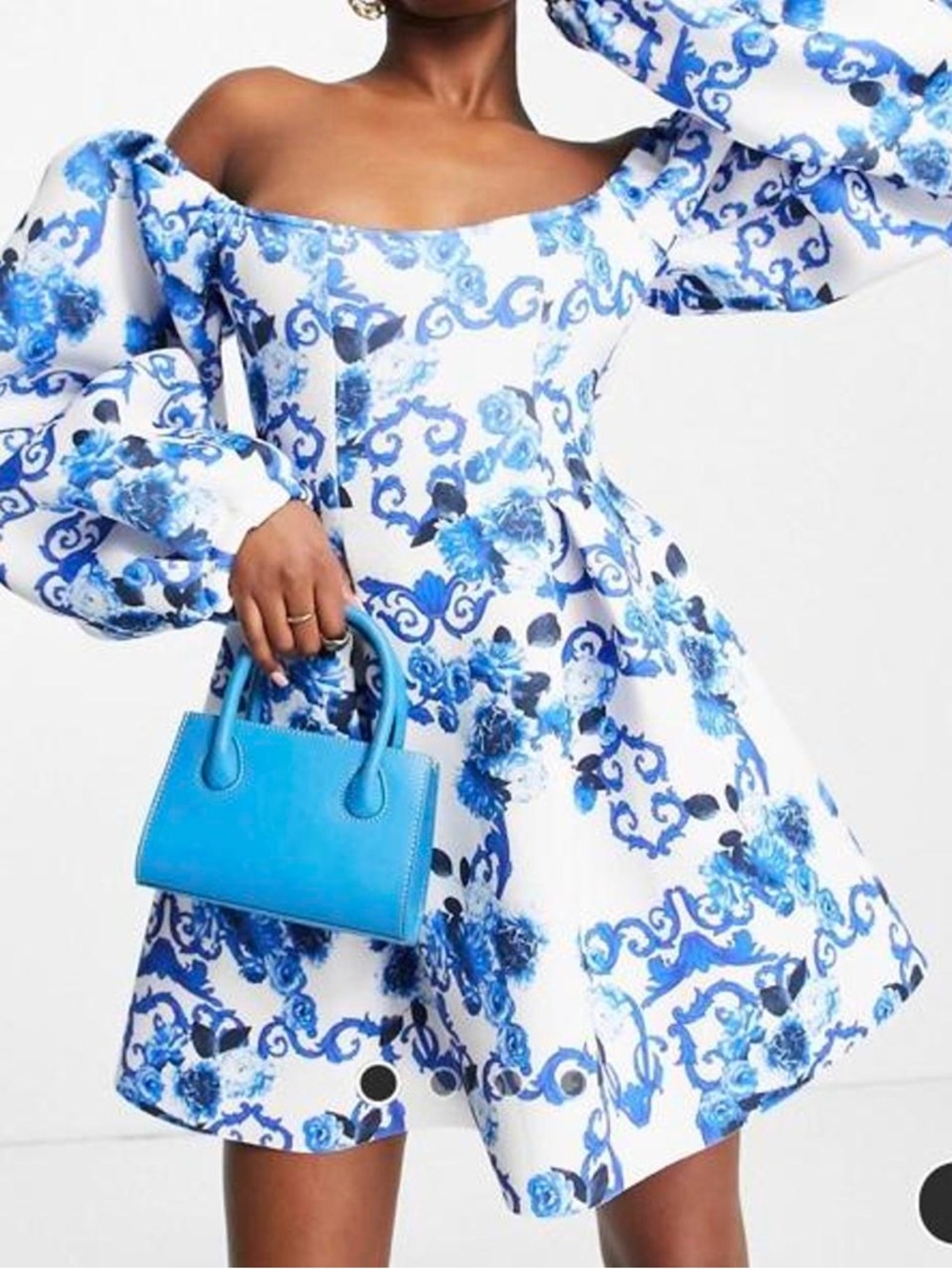 ASOS White and Blue One-Shoulder Floral Fit-and-Flare Dress